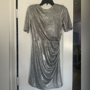 Catherine Malandrino Silver Sheath Dress Short Sleeve Crew Neck